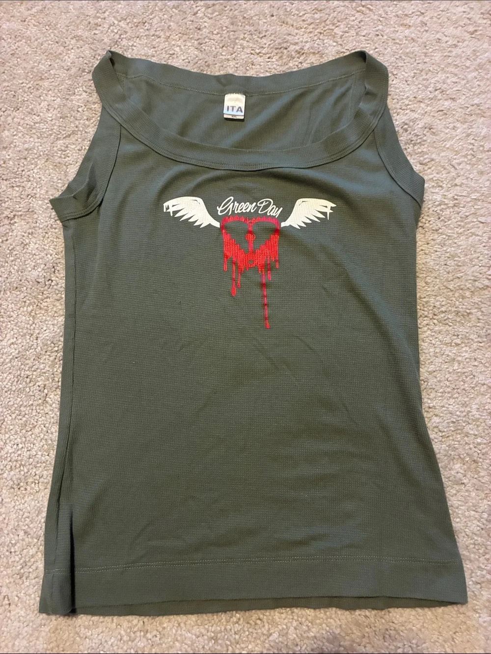 “Green Day” Band Olive Graphic Tank Top with Winged Heart